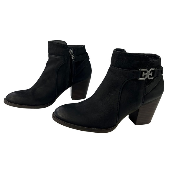 Sam Edelman Morgan Black Nubuck Leather Ankle Boots Stacked Block Heel Size 9.5‎ - Picture 2 of 14
